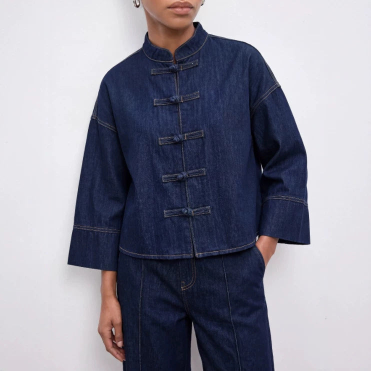 Women's chinese stand collar buttoned denim top - deep navy, relaxed fit, cropped shirt with three-quarter wide sleeves