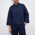 Women's chinese stand collar buttoned denim top - deep navy, relaxed fit, cropped shirt with three-quarter wide sleeves
