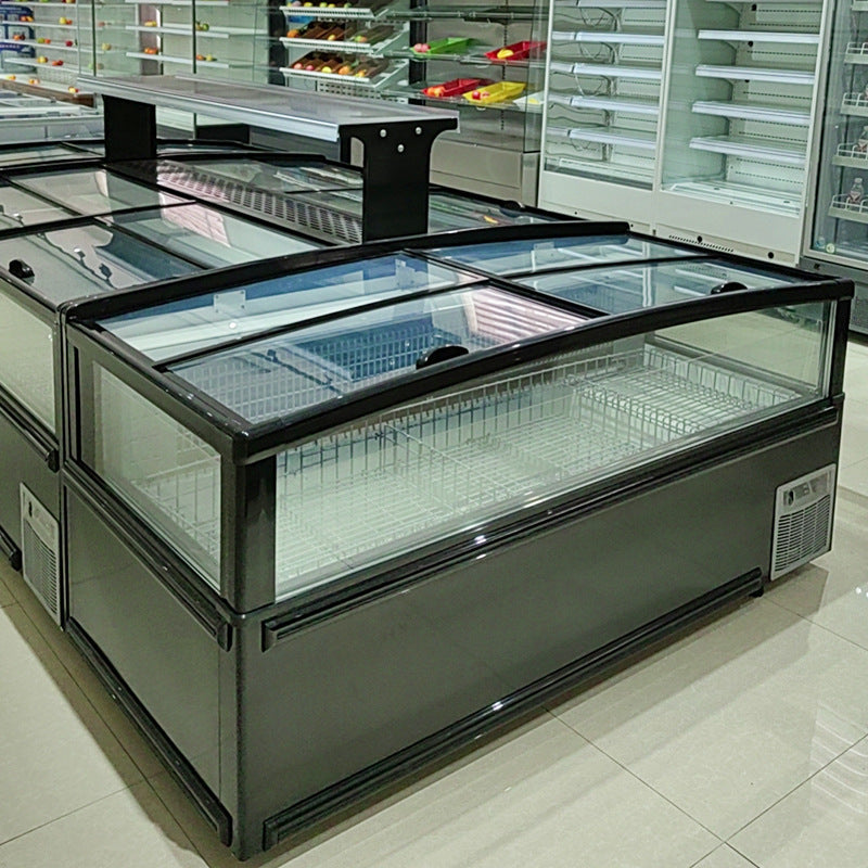 Supermarket/deluxe store dedicated large-view window automated defrost copper tube horizontal display freezer glass combination island counter smart thermostatic control