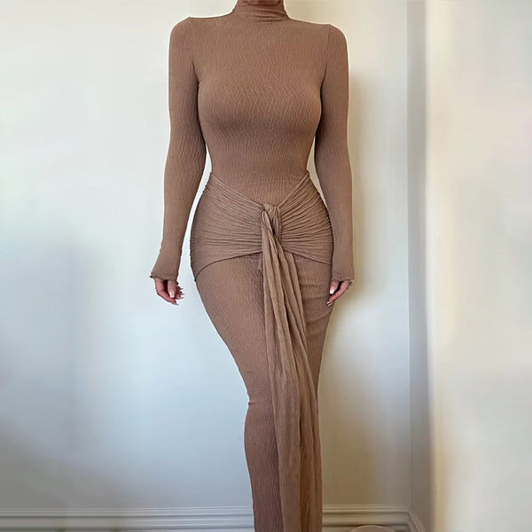 European and American  2024 autumn new hot-selling long-sleeved streamer long dress fashionable and sexy pleated slim dress