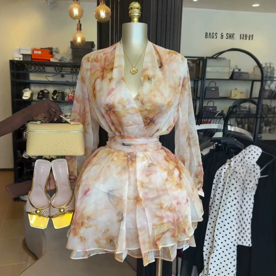 European and american cross-border women's fashion:  summer new arrivals - sweet print, gentle style, cinched waist, tie-waist, long sleeve, short dress