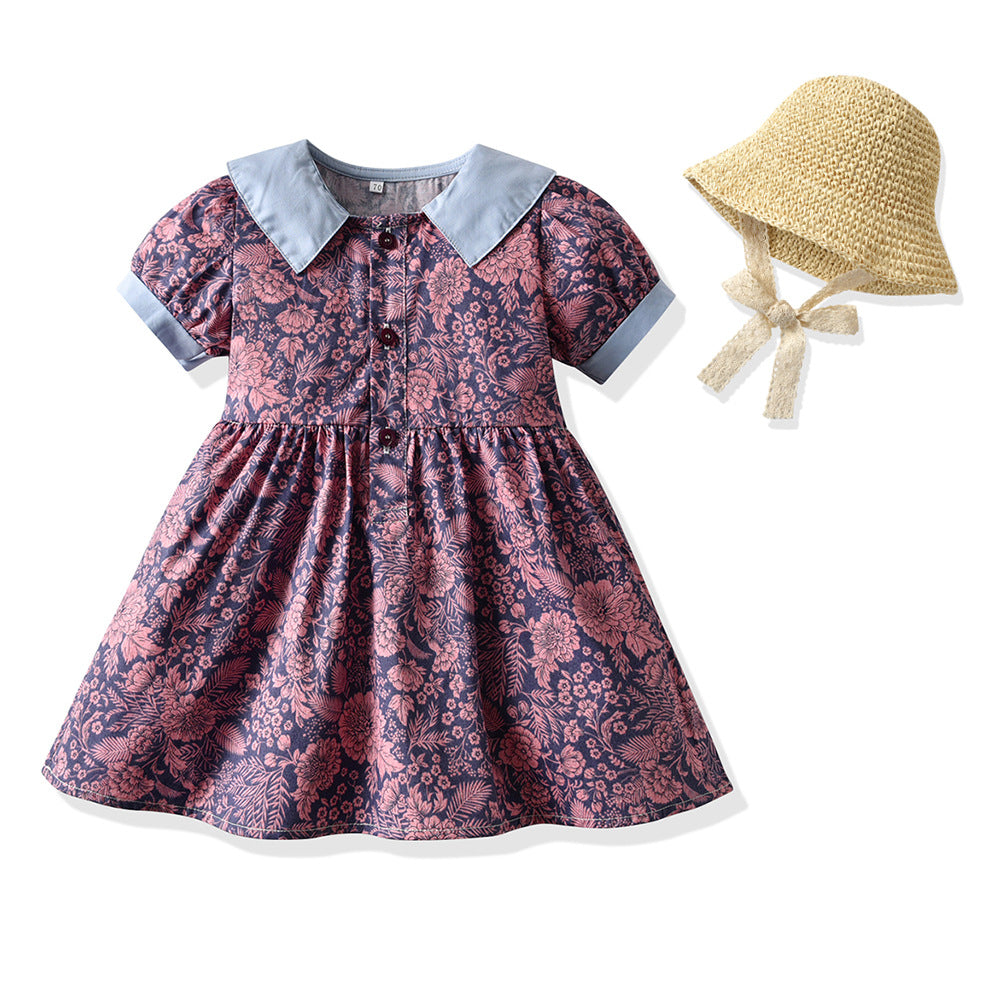 Girls' floral print cotton dress with straw hat - vintage-inspired, chic, and sweet