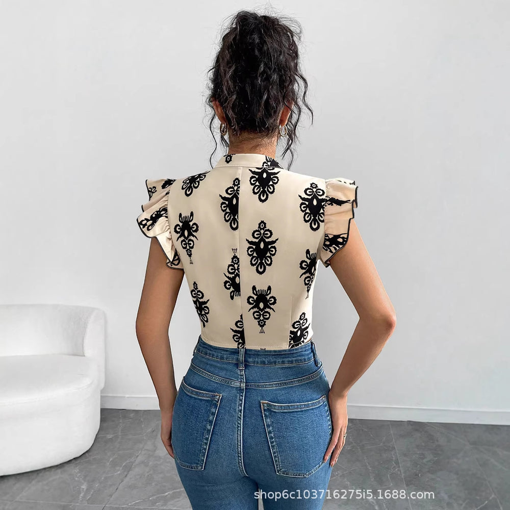 European and american cross-border women's  new print ruffle trim short sleeve top, v-neck single-breasted button-down blouse