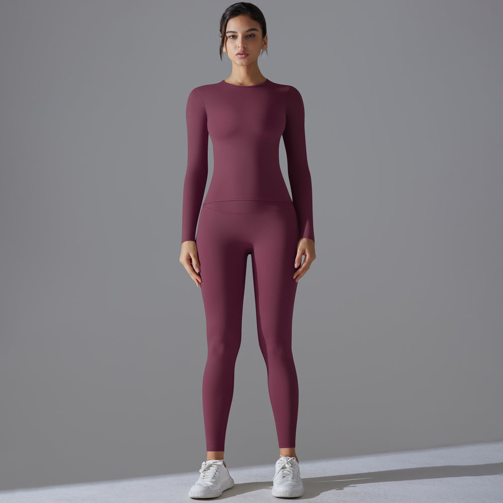 new arrival brushed nylon long sleeves yoga clothes high elastic naked tight sports suit running fitness two-piece set