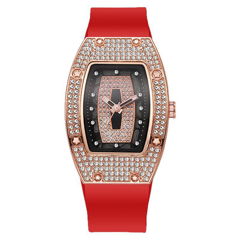Honghong wine barrel-shaped diamond-encrusted quartz tape women's watch fashiontrendyelegant women's watch silicone watch wholesale
