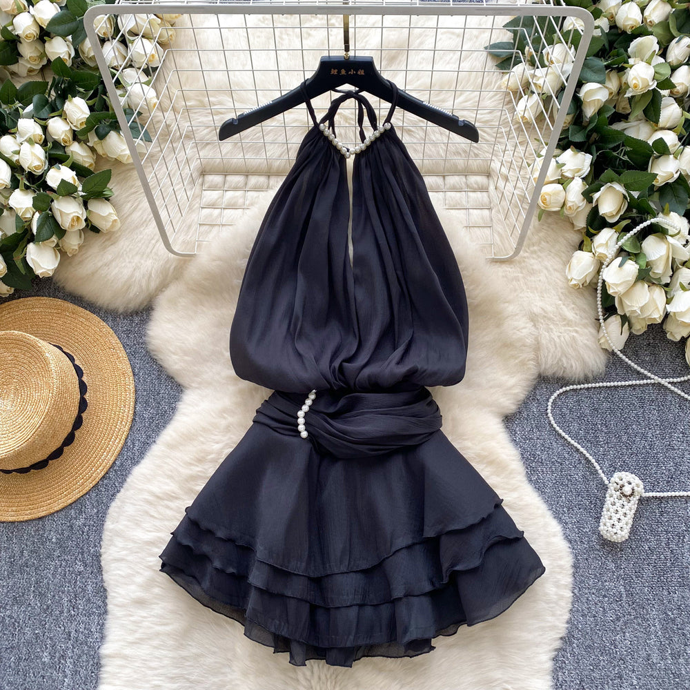 Pure desire halter beaded suspender dress goddess elegant waist ruffles chiffon skirt fairy vacation skirt