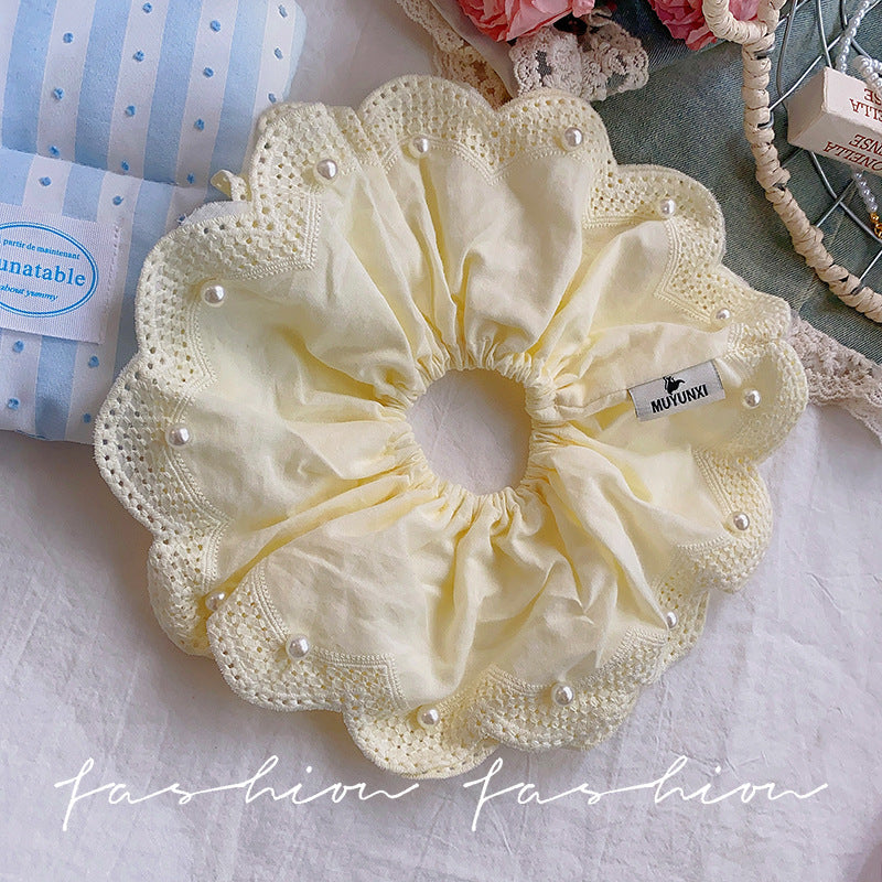 Korean dongdaemun sweet lace trim scrunchie, premium pearl hair tie, ponytail holder, durable hair accessories