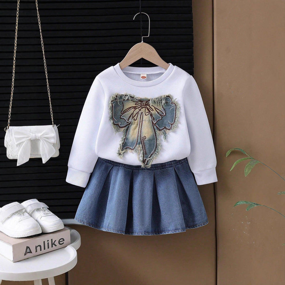 cross-border new arrival: girls' spring/autumn denim bowknot sweatshirt + heavy-duty washed denim skirt two-piece set