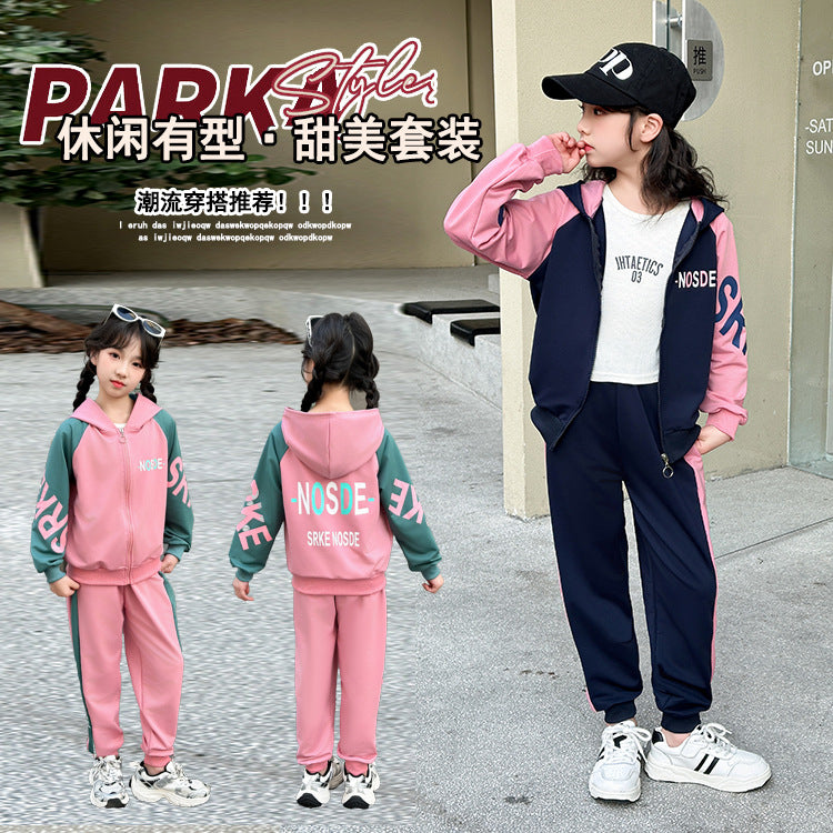 mid-to-large size girls' fashionable two-piece set: spring/autumn outerwear and cargo pants korean style outfit
