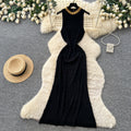Qianjin wind sleeveless knitting silmdress women's summer k-style cut out breathablehigh waistslimming lookelegant long skirt