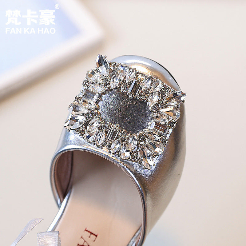 Vancahao girls' high-heeled princess sandals,  summer new collection, rhinestone embellished leather shoes for kids, student dance shoes