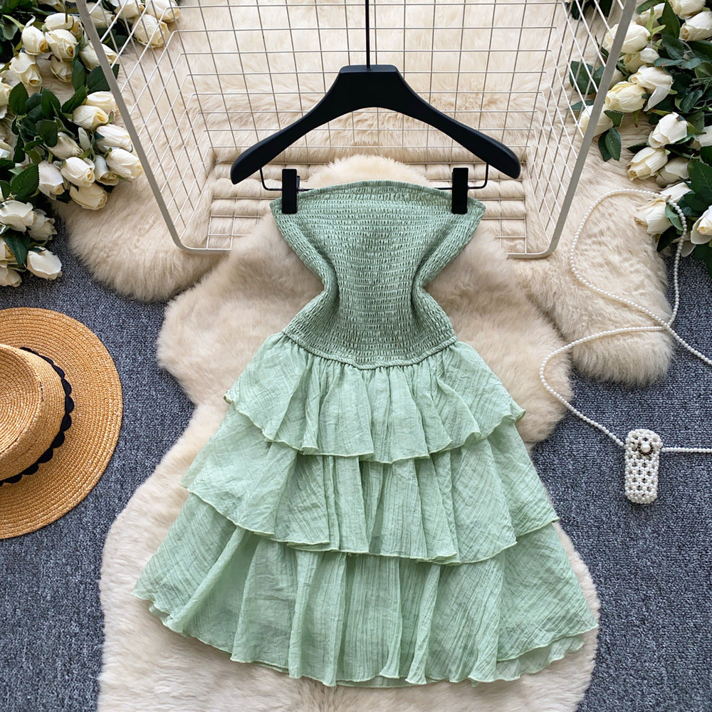 French sweet style bandeau sleeveless dress - women's summer yellow ruffle cake dress - slimming, elegant, petite-friendly