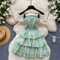 French sweet style bandeau sleeveless dress - women's summer yellow ruffle cake dress - slimming, elegant, petite-friendly