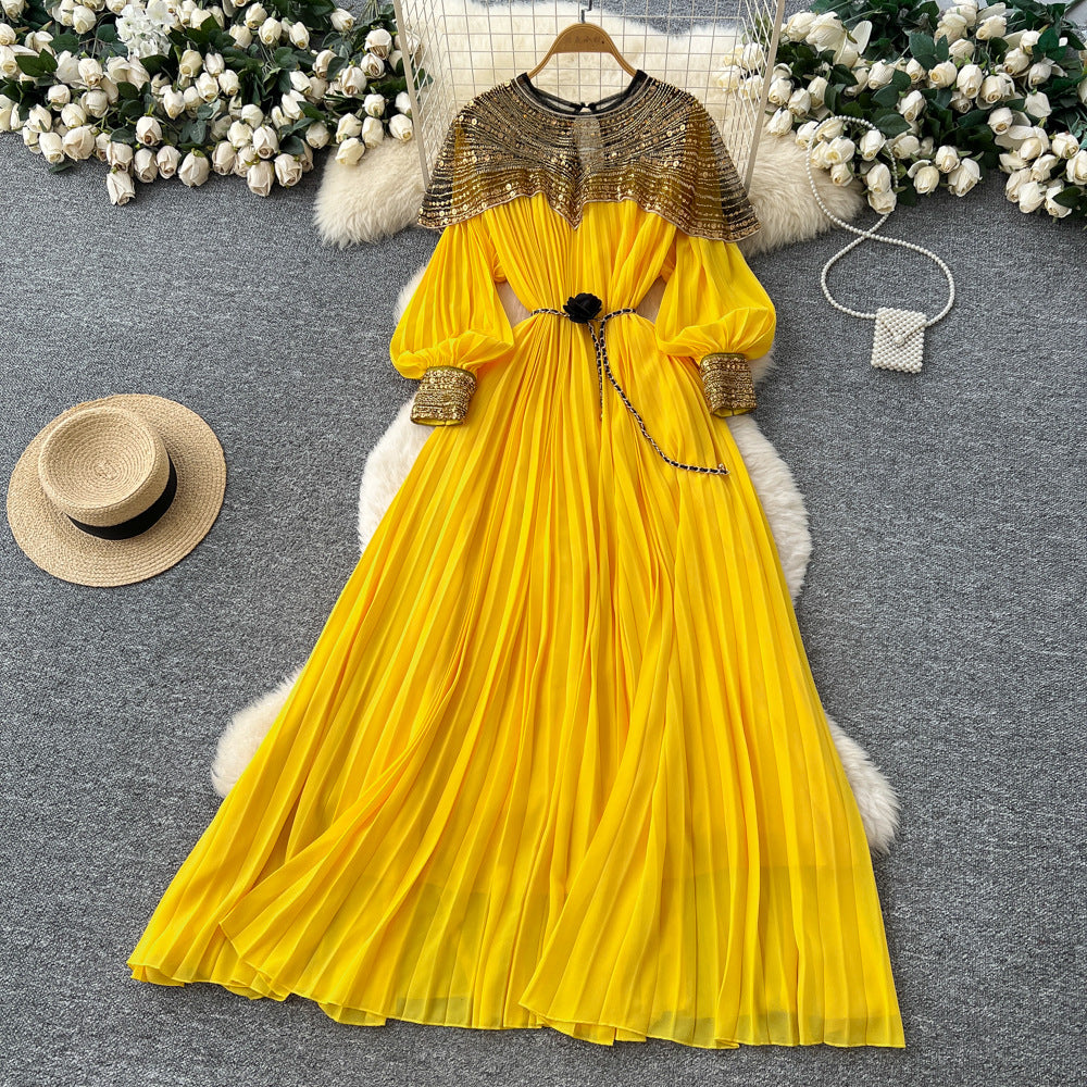 French-style heavy embroidery beaded sequin mesh patchwork lantern sleeve tie-waist pleated maxi dress - women's high-end long dress