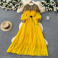 French-style heavy embroidery beaded sequin mesh patchwork lantern sleeve tie-waist pleated maxi dress - women's high-end long dress