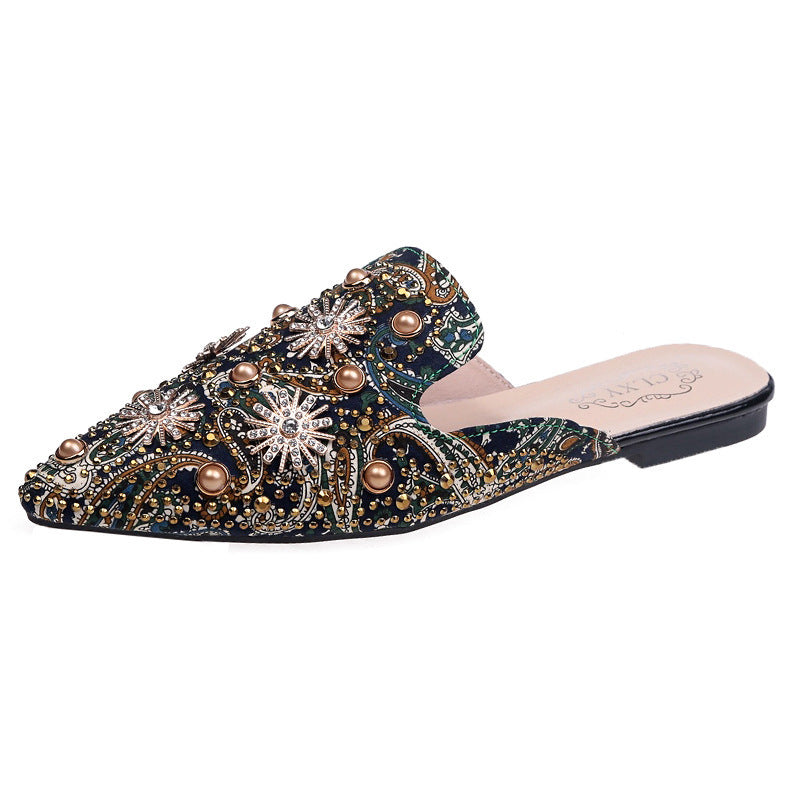 European station 2024 spring/summer new sexy printed rhinestone studded pearl pointed toe closed-toe thong sandals