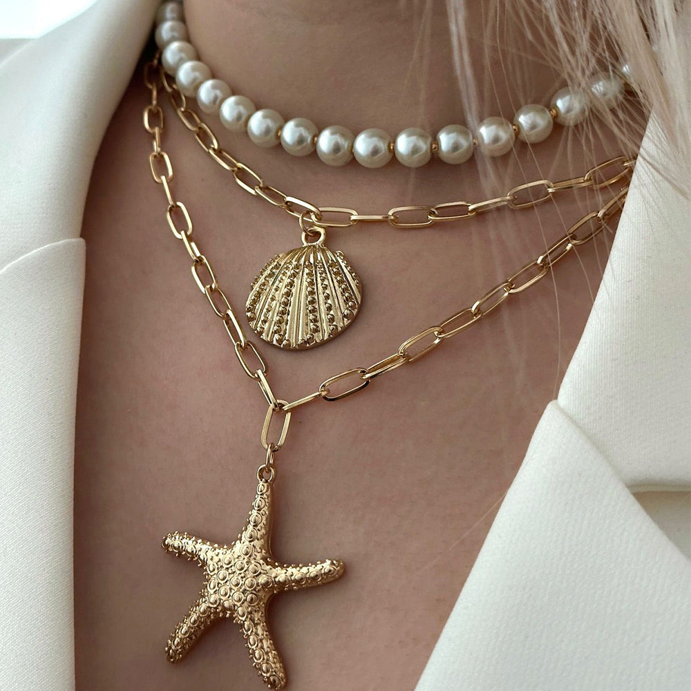 Imitation pearl starfish pendant wholesale european and american cross-border vacation style seaside necklace retro shell necklace jewelry