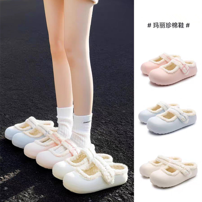 Fleece-lined beanie shoes for women winter 2026 new arrivalthick sole mary jane fur shoes outwear flats slip-on cotton shoes for women