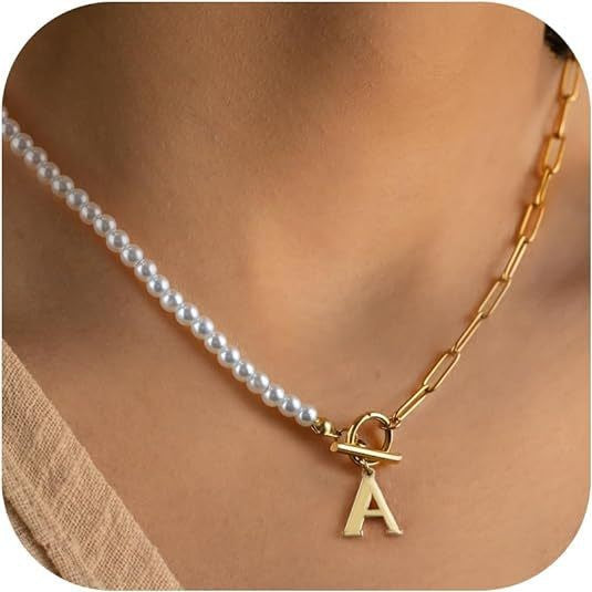 Amazon bestseller: pearl chain link necklace with english letter pendant - pearl chain letter necklace