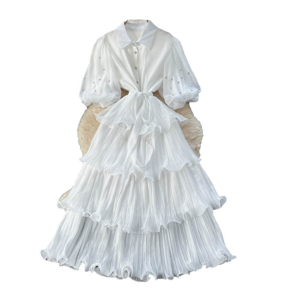 French retro court style, heavily embellished rhinestone lantern sleeve, tie-waist, slimming, elegant ruffle hem pleated dress