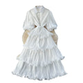 French retro court style, heavily embellished rhinestone lantern sleeve, tie-waist, slimming, elegant ruffle hem pleated dress