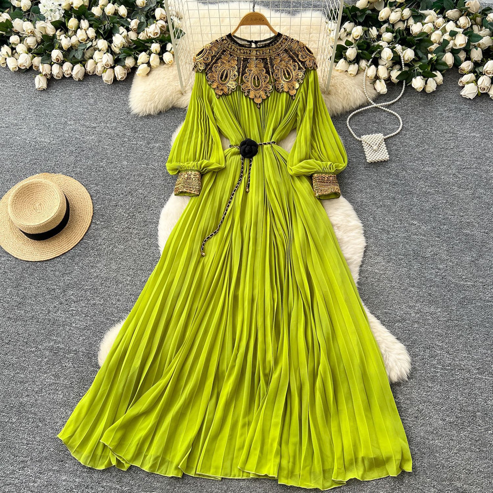 Frenchclassyelegance heavy industry embroidered beads sequin patchwork lantern sleeves straps waist pleated dress women's long skirt