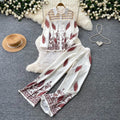 Export cross-border retroprintingfashiontwo-piece set women's polo collar long sleevesshirtloose pantselegantwork clothingsuit