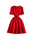 French chic round neck short sleeve dress - women's elegant, slim-fit, retro a-line summer dress