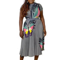 Q067 european and american style women's clothing  new fashion printed top and pleated high-waisted midi skirt two-piece set for export
