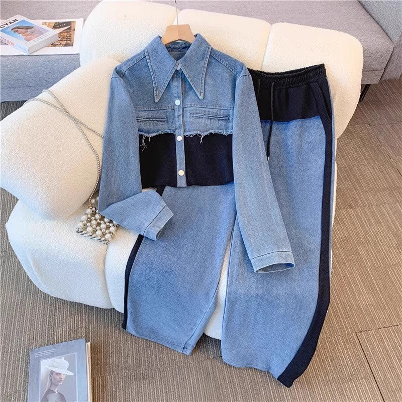 Denim patchwork fashion casual set - new spring/autumn long sleeve top + wide leg pants two-piece outfit