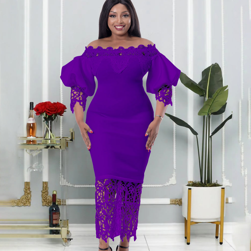 D247 cross-border new one-shoulder off-the-shoulder bodycon lace patchwork lantern sleeve european and american style formal dress - export dress