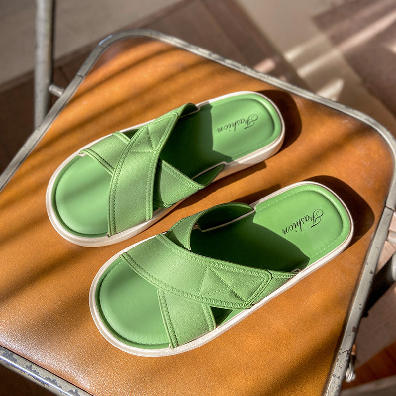 Women's summer new fashion slippers - stylish outdoor wear, single strap crossover, flat sandals, home indoor beach anti-slip slippers