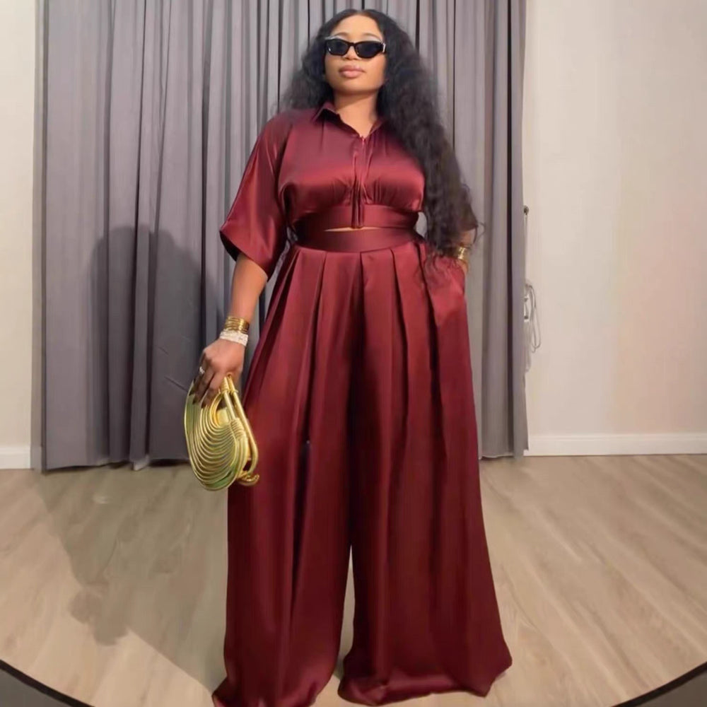 Fashion cross-border women's clothing  summernew arrivalelegantpure colorshort lapel shirt high waist shirred pants suit