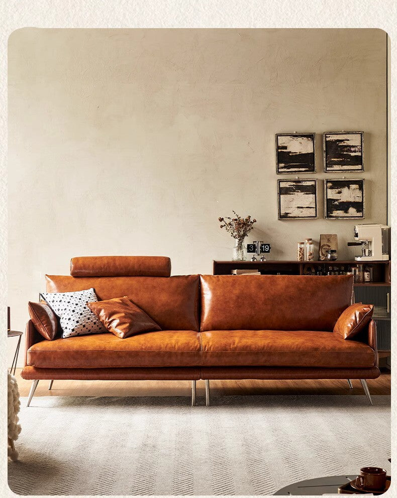 Retro oil wax genuine leather sofa first layer cowhide small apartment living room three-person slot medieval american french caramel color