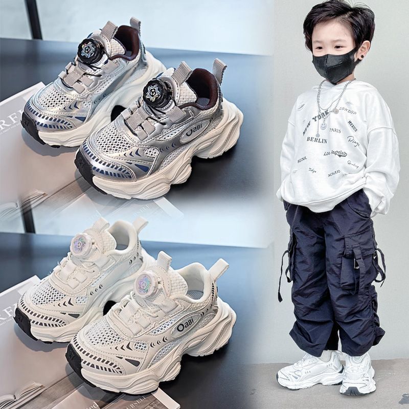 Boys' mesh sneakers:  spring/summer new collection - breathable mesh dad shoes with rotating buckle, trendy hollow-out athletic shoes for girls