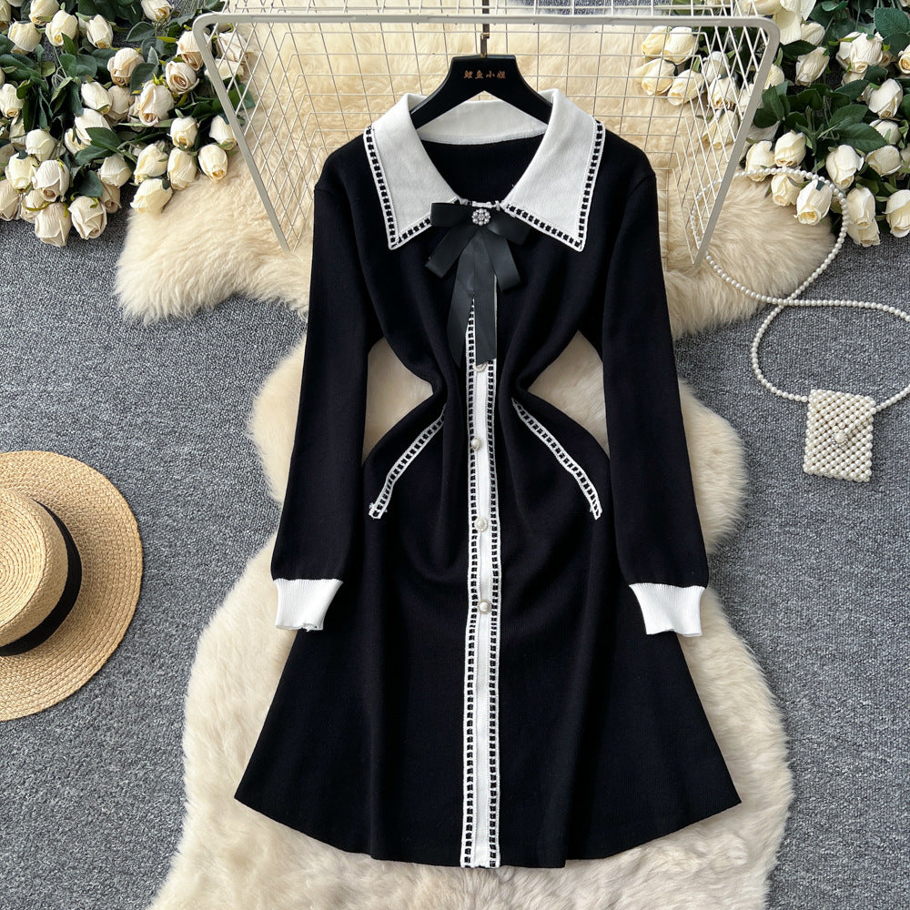 Xiaoxiangfengclassyfashionablecontrast color lapelbowssingle breasted waist slimming lookelegantknittingdress women