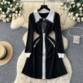Xiaoxiangfengclassyfashionablecontrast color lapelbowssingle breasted waist slimming lookelegantknittingdress women