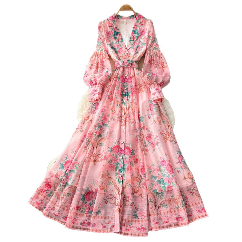 French riviera floral print flared sleeve dress - women's long sleeve tie-waist a-line maxi dress - elegant & chic