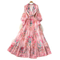 French riviera floral print flared sleeve dress - women's long sleeve tie-waist a-line maxi dress - elegant & chic