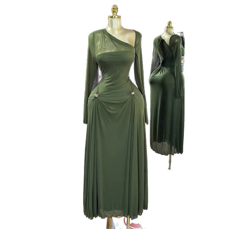 European and american women's clothing  autumn new sweet and fresh asymmetrical neck long sleeve high waist slimming a-line maxi dress