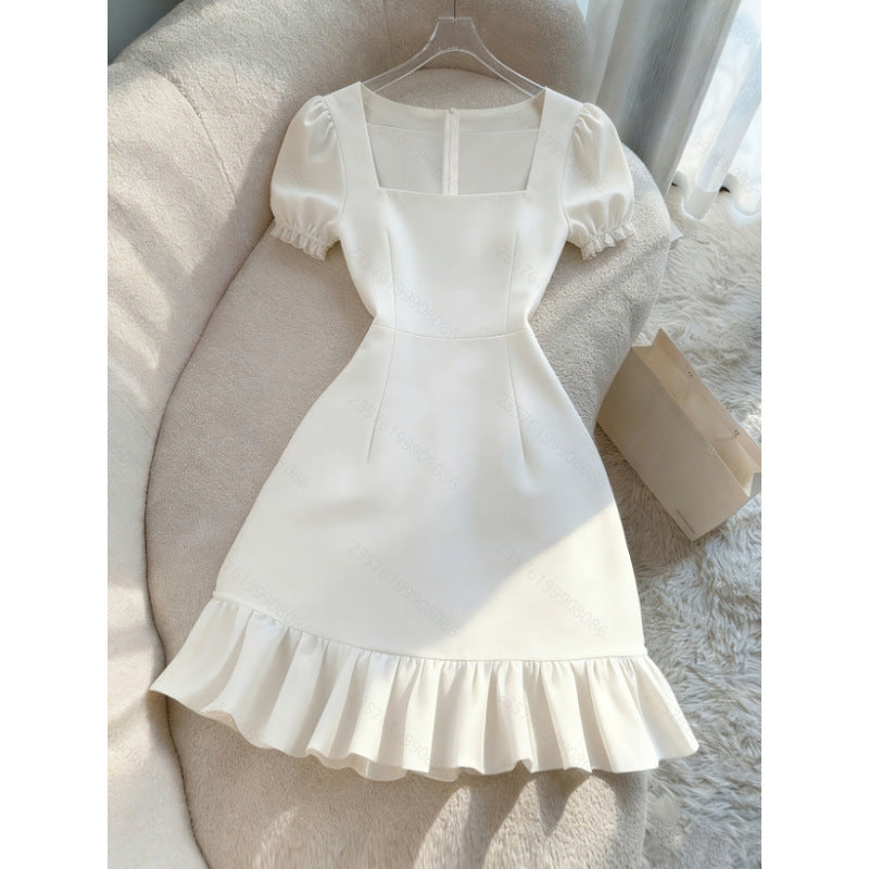 Women's new summer french chic solid color square neck fitted short dress - perfect for going out and dating