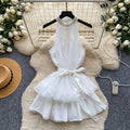 Qianjin wind halter heavy industry beading dress women's summer waist tie-up bowssweet suspender skirt petites