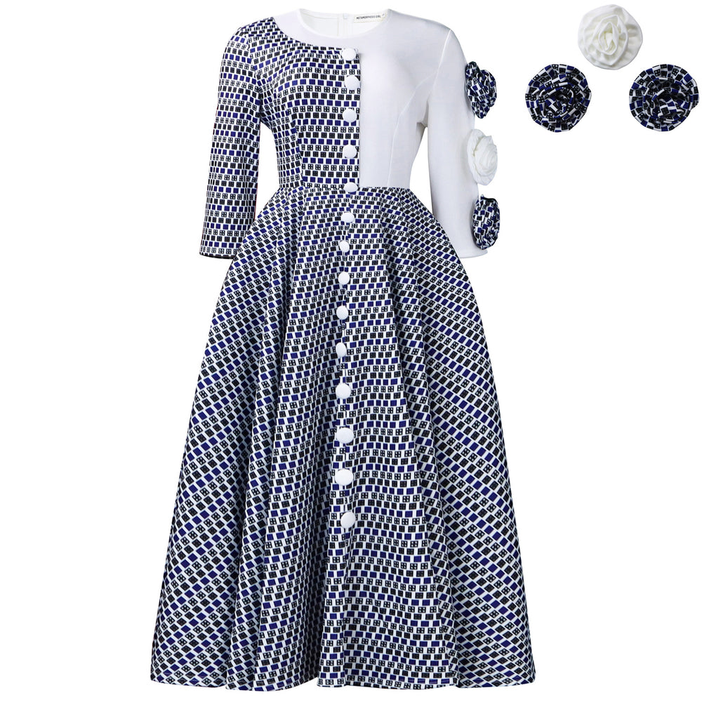 D598 women's foreign trade cross-border new fashion elegant round neck three-quarter sleeve printed patchwork african dress