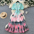 Light mature style tie-dye gradient printingshirt skirt women's summer lapel lantern sleeve tie back waist a-line long skirtelegant