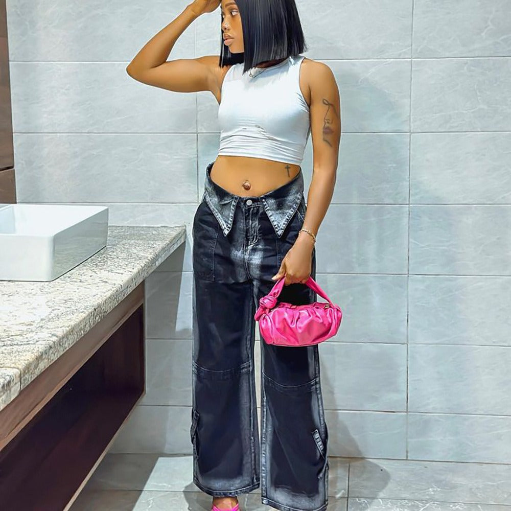 European and american cross-border women's fashion: 's new hot-selling trendy retro high-waisted denim jeans - instagram-style loose straight-leg pants