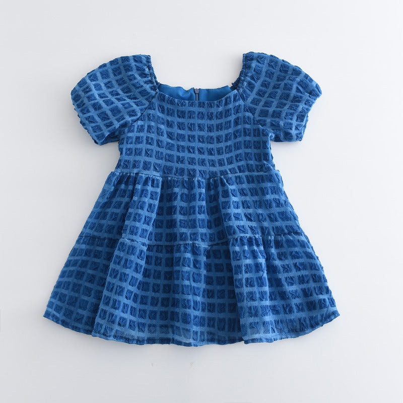 Girls' dress - european and american summer new style - round neck, short sleeve, solid color dress - fashionable loose fit plaid lady dress - export quality