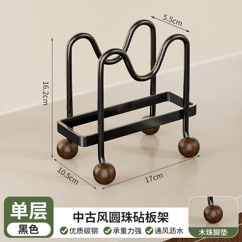 Medieval style countertop pot lid chopping board rack carbon steel kitchen cutting board rack pot spatula spoon vertical drain rack