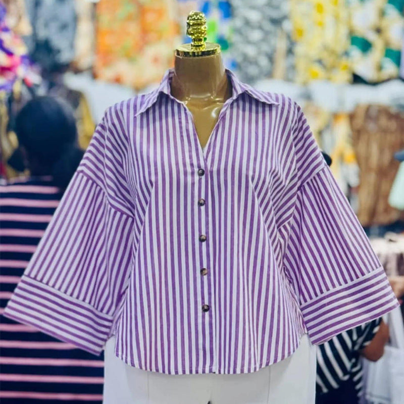 European and american cross-border women's fashion:  spring new arrivals - stylish, designer-inspired, unique turn-down collar, loose-fit striped blouse