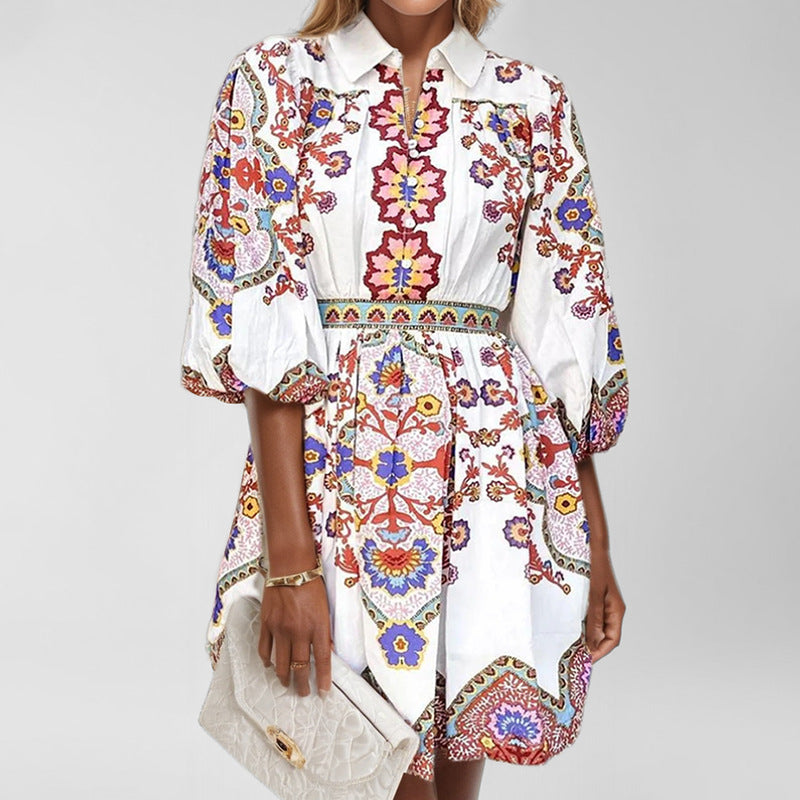 cross-border e-commerce european and american women's clothing: new summer bohemian ethnic print lantern sleeve dress