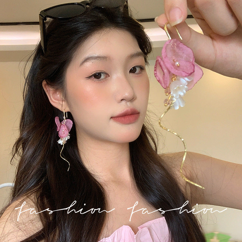 French fairy pink flower tassel stud earrings - unique, high-end, statement earrings for women - beach vacation style, niche jewelry